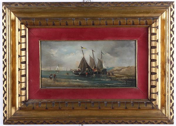 Pittore del XIX-XX secolo Veduta costiera con imbarcazioni