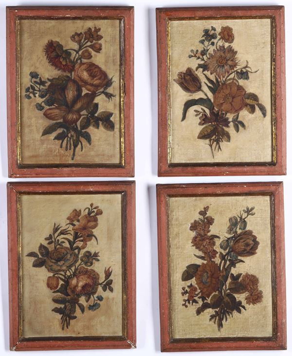 Quattro dipinti raffiguranti fiori. XIX secolo