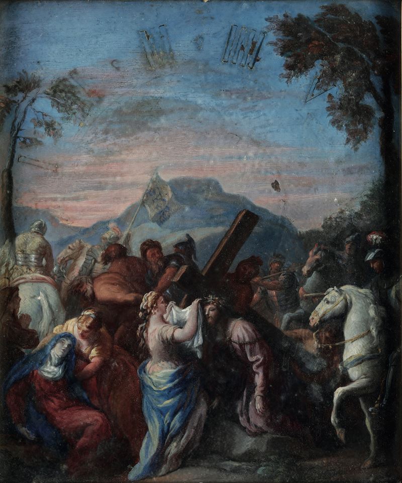 Scuola del XVIII secolo Veronica asciuga il volto di Cristo  - olio su rame - Asta Dimore Italiane - Cambi Casa d'Aste