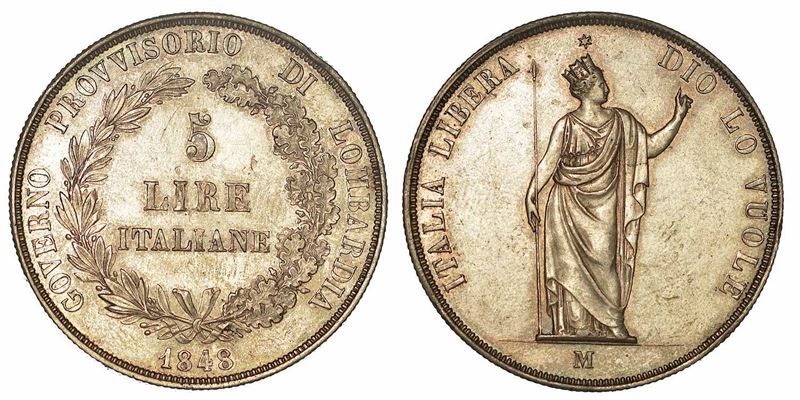 MILANO. GOVERNO PROVVISORIO DI LOMBARDIA, 1848. 5 Lire 1848.  - Auction Numismatics - I - Cambi Casa d'Aste