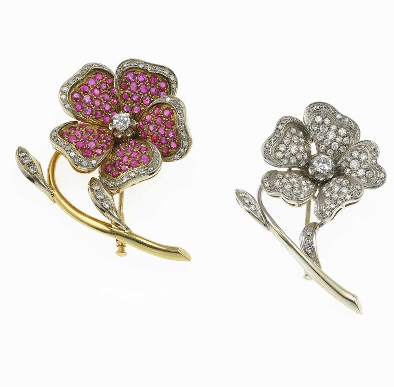 Two diamond and ruby brooches  - Auction Fine Jewels - Cambi Casa d'Aste