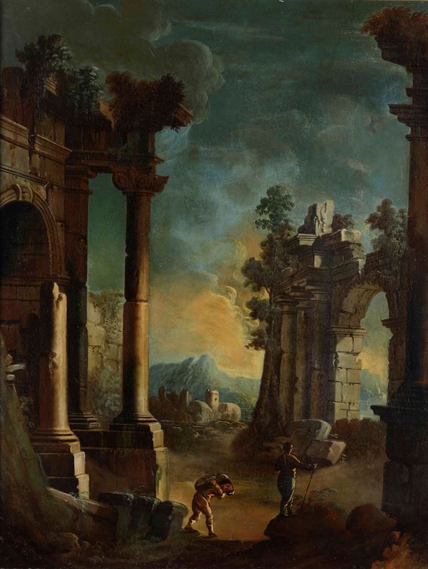 Scuola emiliana del XVIII secolo Capriccio con rovine classiche e figure