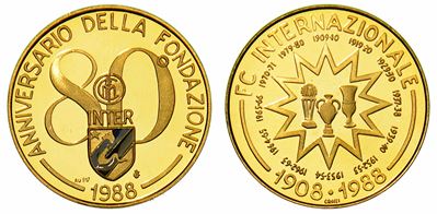 Ottantesimo Anniversario della Fondazione Dell'inter (1908-1988). Medaglia Ufficiale in Oro 1988.