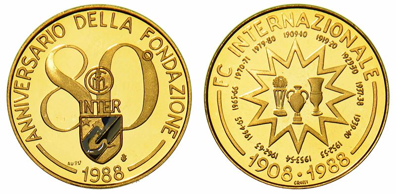 OTTANTESIMO ANNIVERSARIO DELLA FONDAZIONE DELL'INTER (1908-1988). Medaglia ufficiale in oro 1988.  - Asta Numismatica - I - Cambi Casa d'Aste