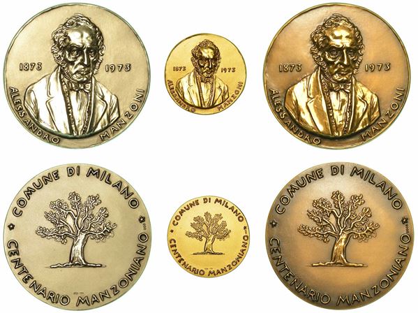 COMUNE DI MILANO - CENTENARIO MANZONIANO (1873-1973). Trittico oro, argento e bronzo.