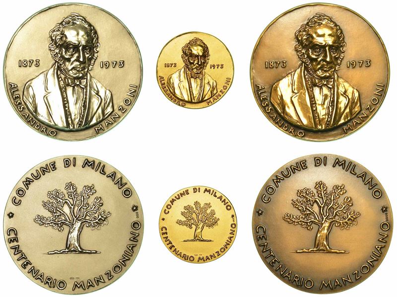 COMUNE DI MILANO - CENTENARIO MANZONIANO (1873-1973). Trittico oro, argento e bronzo.  - Asta Numismatica - I - Cambi Casa d'Aste