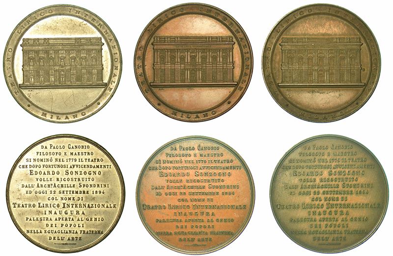 TEATRO LIRICO INTERNAZIONALE MILANO. Lotto di tre medaglie, una in metallo bianco e due in bronzo 1894.  - Asta Numismatica - I - Cambi Casa d'Aste