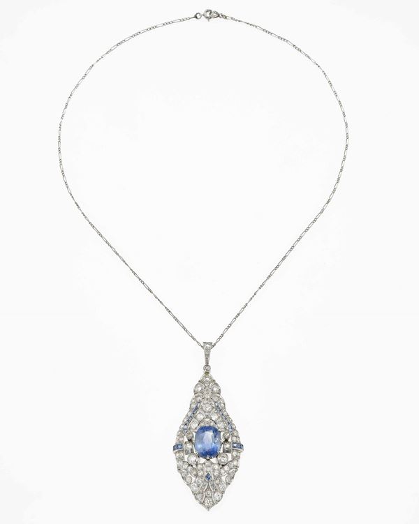 Sapphire, diamond and platinum pendant