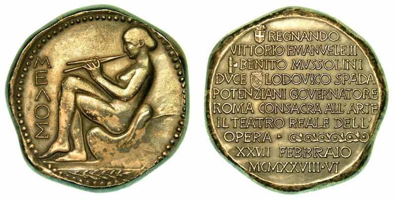 RIAPERTURA DEL TEATRO DELL'OPERA ROMA. Medaglia in bronzo argentato 1928.  - Auction Numismatics - I - Cambi Casa d'Aste