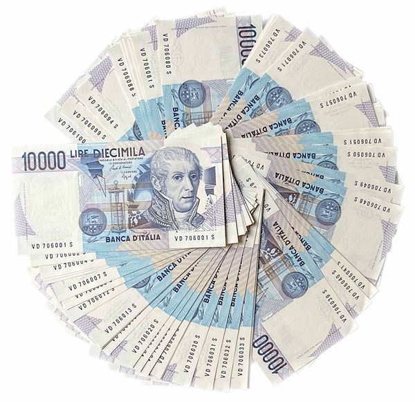 REPUBBLICA ITALIANA. Mazzetta sequenziale aperta di 98 banconote fior di stampa da lire 10.000 (Alessandro Volta).