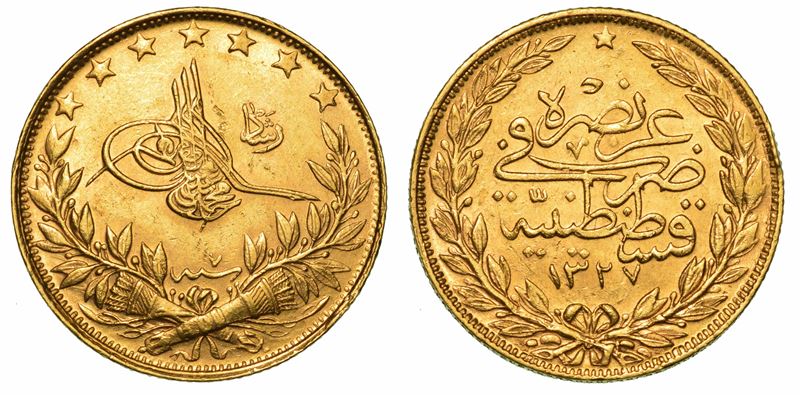 TURCHIA. MOHAMMED V, 1909-1918. 100 Piastres 1327 (1909).  - Auction Numismatics - I - Cambi Casa d'Aste