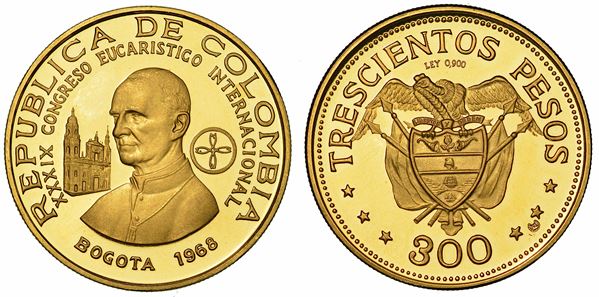 COLOMBIA. REPUBLICA. 300 Pesos 1968. Per il Congresso Eucaristico Internazionale di Bogotà del 26 luglio 1968.