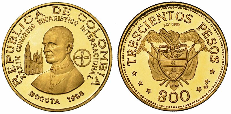 COLOMBIA. REPUBLICA. 300 Pesos 1968. Per il Congresso Eucaristico Internazionale di Bogotà del 26 luglio 1968.  - Asta Numismatica - I - Cambi Casa d'Aste