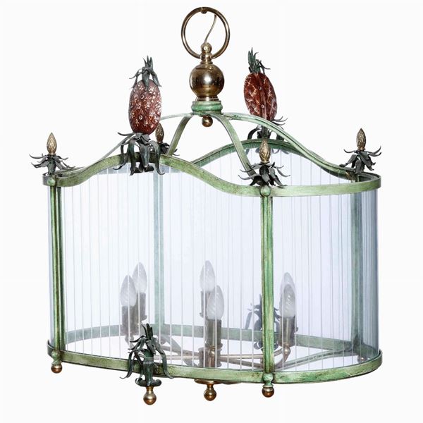 Lampadario a lanterna in metallo e vetro