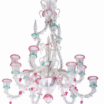 Grande Lampadario a Dodici Luci in Vetro di Murano. XX Secolo