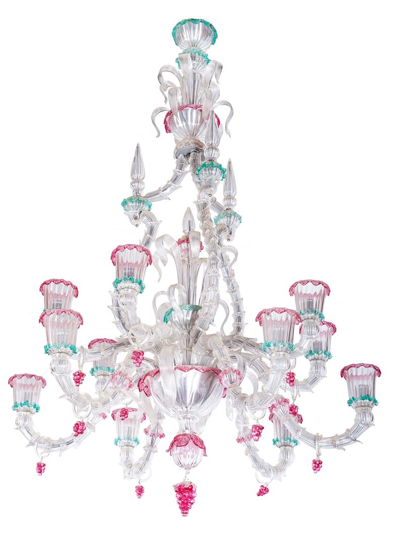 Grande lampadario a dodici luci in vetro di Murano. XX secolo  - Asta Dimore Italiane - Cambi Casa d'Aste