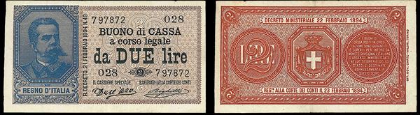 REGNO D'ITALIA. UMBERTO I DI SAVOIA, 1878-1900. Buono di Cassa da 2 Lire 22/02/1894.
