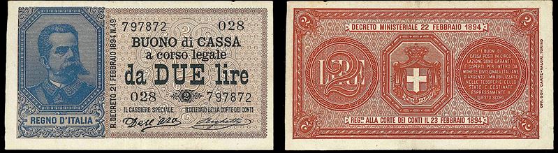 REGNO D'ITALIA. UMBERTO I DI SAVOIA, 1878-1900. Buono di Cassa da 2 Lire 22/02/1894.  - Asta Numismatica - I - Cambi Casa d'Aste