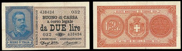 REGNO D'ITALIA. UMBERTO I DI SAVOIA, 1878-1900. Buono di Cassa da 2 Lire 22/02/1894.