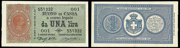 REGNO D'ITALIA. UMBERTO I DI SAVOIA, 1878-1900. Buono di Cassa da 1 Lira 15/09/1893.