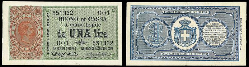 REGNO D'ITALIA. UMBERTO I DI SAVOIA, 1878-1900. Buono di Cassa da 1 Lira 15/09/1893.  - Auction Numismatics - I - Cambi Casa d'Aste