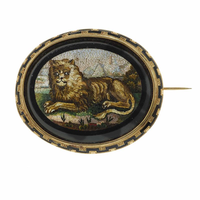 Spilla con micromosaico raffigurante un leone  - Asta Fine Jewels - Cambi Casa d'Aste