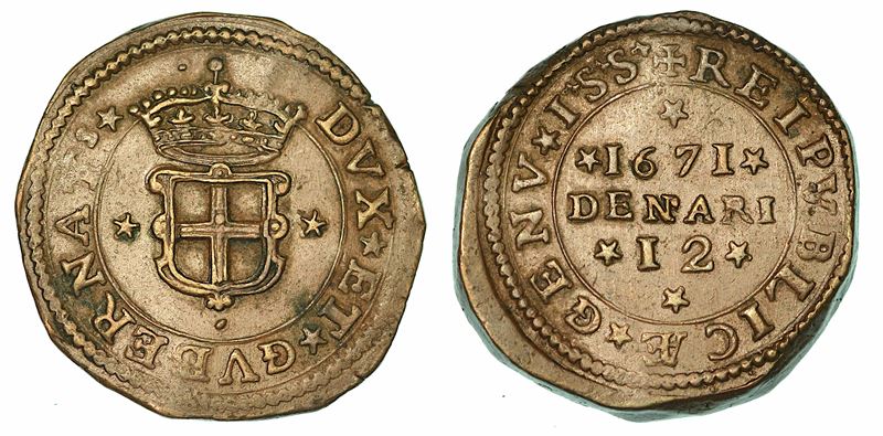 GENOVA. DOGI BIENNALI E GOVERNATORI DELLA REPUBBLICA, 1528-1797. SERIE DELLA III FASE, 1637-1797. 12 Denari 1671.  - Auction Numismatics - I - Cambi Casa d'Aste