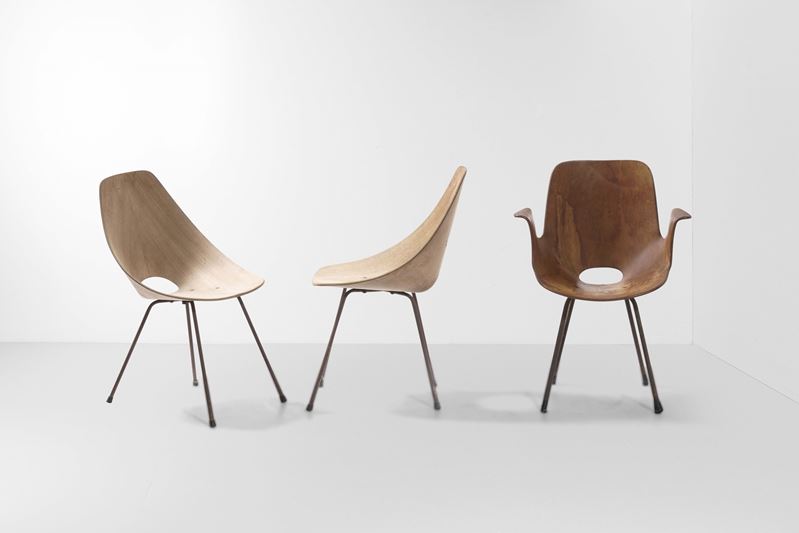 Vittorio  Nobili : Due sedie e una poltroncina mod. Medea  - Auction Design Lab - Cambi Casa d'Aste