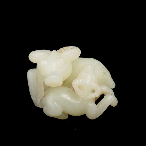 Gruppo scolpito in giada bianca raffigurante due bufali, Cina, Dinastia Qing, XIX secolo
