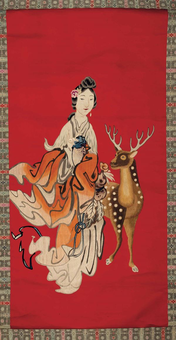 Kesi in seta raffigurante Guanyin con cerbiatto su fondo rosso, Cina, inizi XX secolo