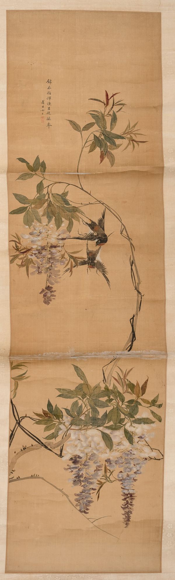 Dipinto su carta raffigurante uccellini tra rami in fiore e iscrizioni, Cina, Dinastia Qing, XIX secolo