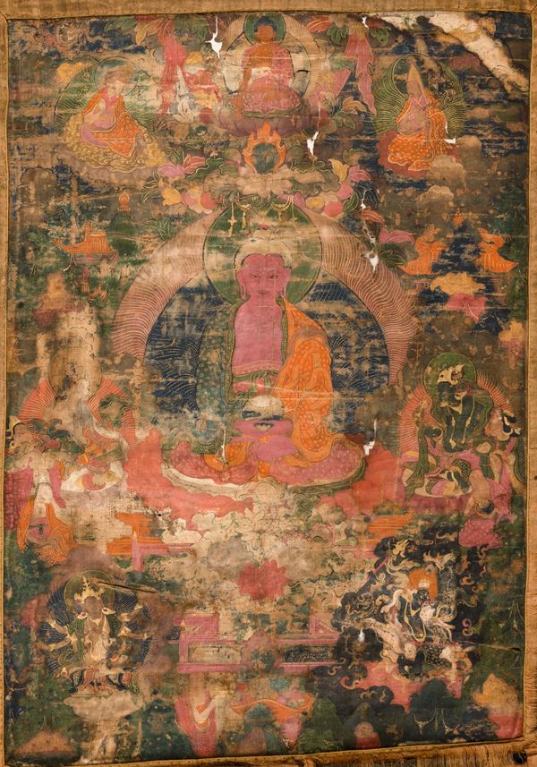 Thangka su seta raffigurante figura centrale di Buddha e altre divinità, Tibet, XVIII secolo
