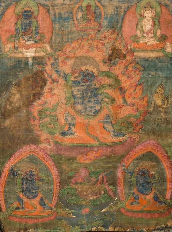 Thangka su seta raffigurante figura centrale di Makhala e altre divinità, Tibet, XVIII secolo