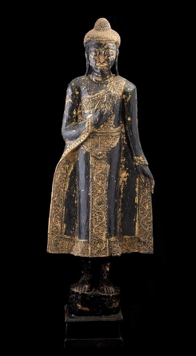 Figura di Buddha Stante in Legno Laccato e Dorato, Thailandia, XIX Secolo