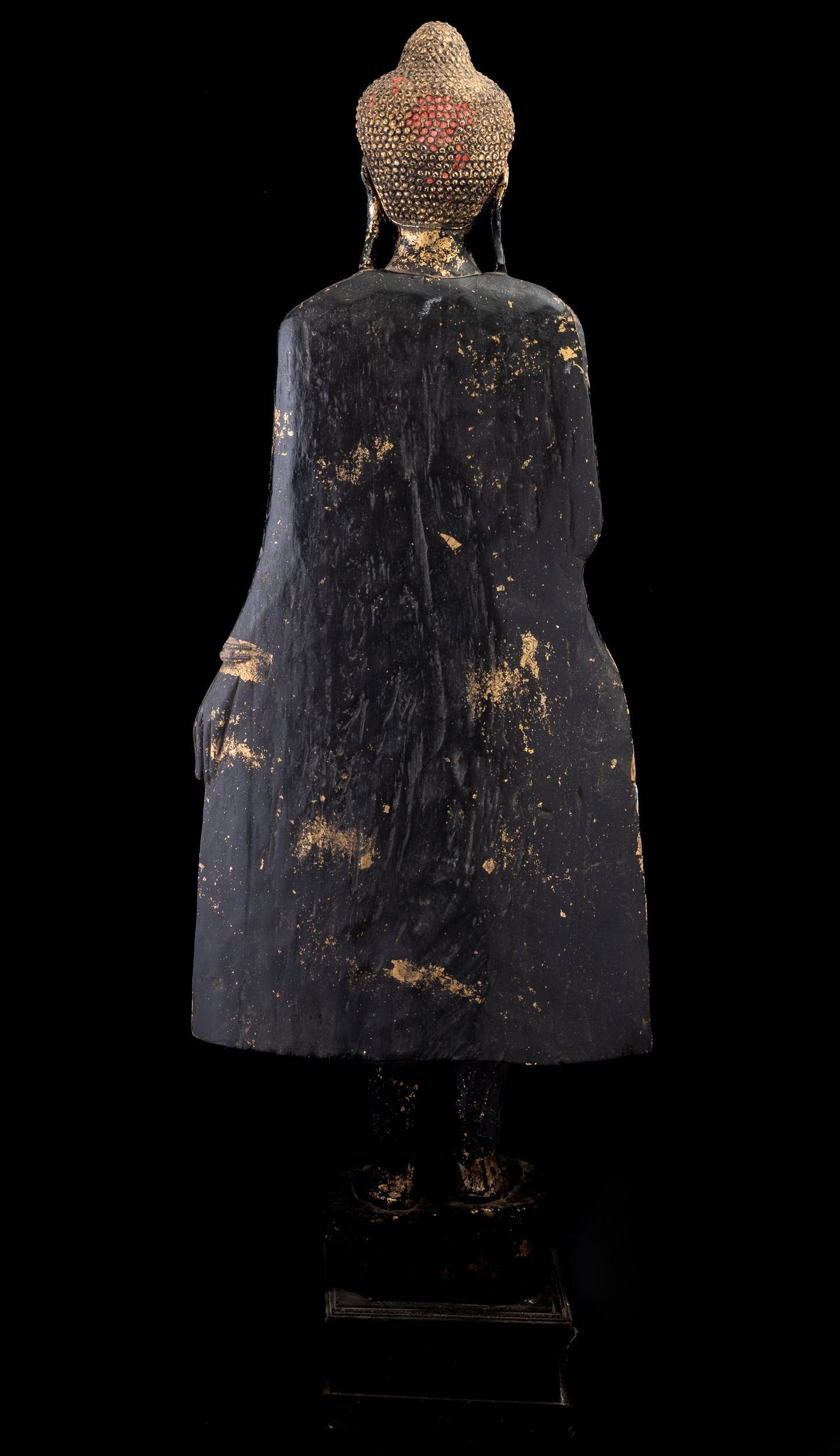 Figura di Buddha Stante in Legno Laccato e Dorato, Thailandia, XIX Secolo