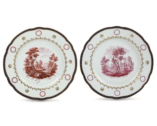 Coppia di piatti con decoro a “paesi rossi” Doccia, Manifattura Ginori, 1790-1800 circa 