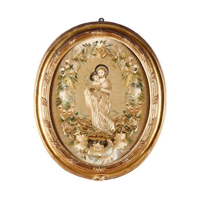 Ricamo Ovale Raffigurante Santo con Bambino. XIX Secolo