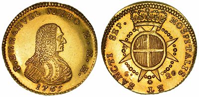 Malta - Sovrano Militare Ordine di Malta. Manuel Pinto da Fonseca, 1741-1773. 20 Scudi 1765.