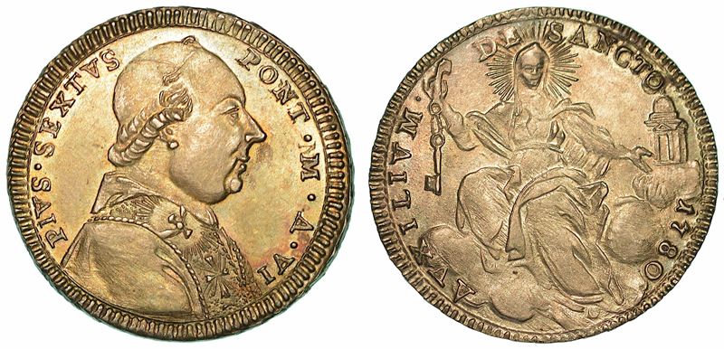 PIO VI (GIOVANNI ANGELLO BRASCHI), 1775-1799. Doppio Giulio 1780/A.VI. Roma.  - Auction Numismatics - I - Cambi Casa d'Aste