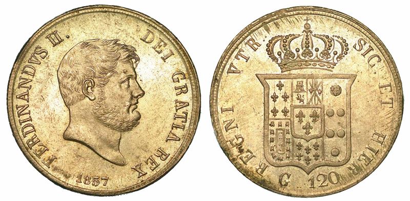 NAPOLI. FERDINANDO II di BORBONE, 1830-1859. Piastra da 120 Grana 1857.  - Auction Numismatics - I - Cambi Casa d'Aste