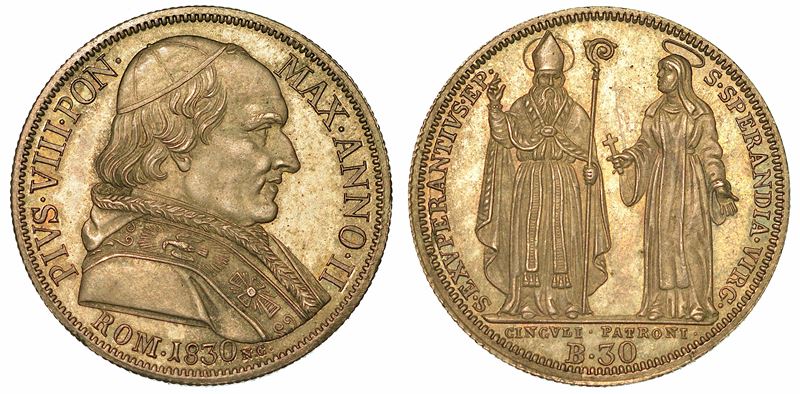 PIO VIII (FRANCESCO SAVERIO CASTIGLIONI), 1829-1830. 30 Baiocchi o Testone 1830.  - Auction Numismatics - I - Cambi Casa d'Aste
