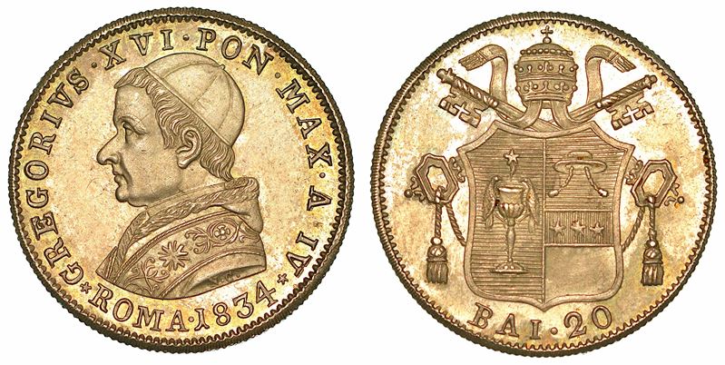 GREGORIO XVI (BARTOLOMEO ALBERTO CAPPELLARI), 1831-1846. 20 Baiocchi 1834/A. IV. Roma.  - Auction Numismatics - I - Cambi Casa d'Aste