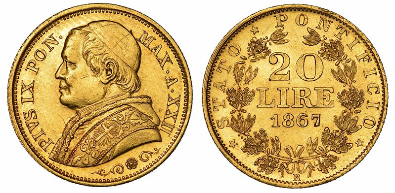 PIO IX (GIOVANNI MARIA MASTAI FERRETTI), 1846-1878. 20 Lire 1867/A. XXII (tipo busto medio). Roma.  - Auction Numismatics - I - Cambi Casa d'Aste
