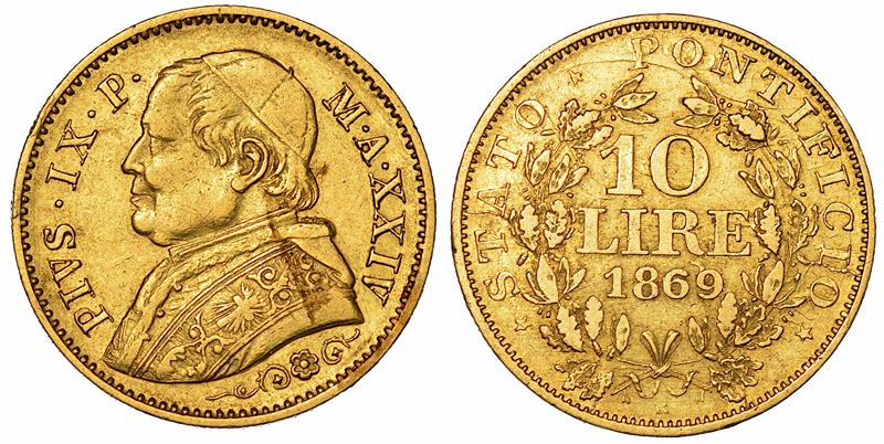 PIO IX (GIOVANNI MARIA MASTAI FERRETTI), 1846-1878. 10 Lire 1869/A. XXIV. Roma.  - Auction Numismatics - I - Cambi Casa d'Aste