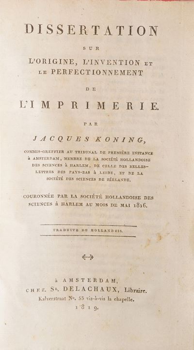 Koning Jacques. Dissertation sul L’origine, L’invention Et le Perfectionnemente... Amsterdam Chez...