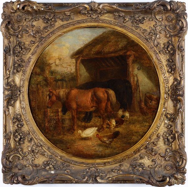 Pittore del XIX-XX secolo Esterno di stalla con coppia di cavalli