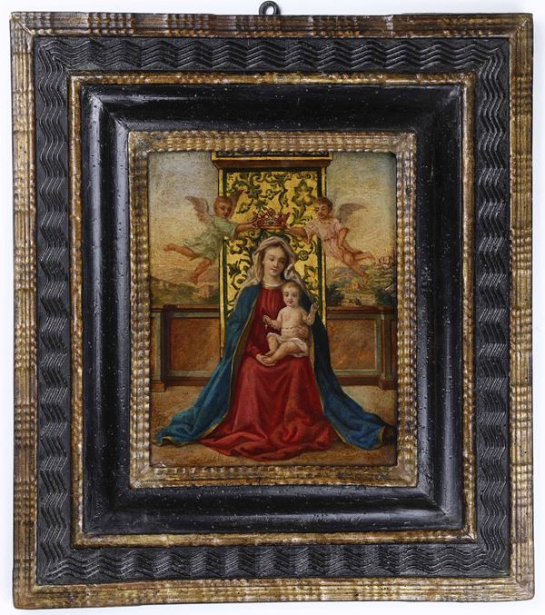 Nei modi della pittura del XVI secolo Madonna in trono con il Bambino e angeli