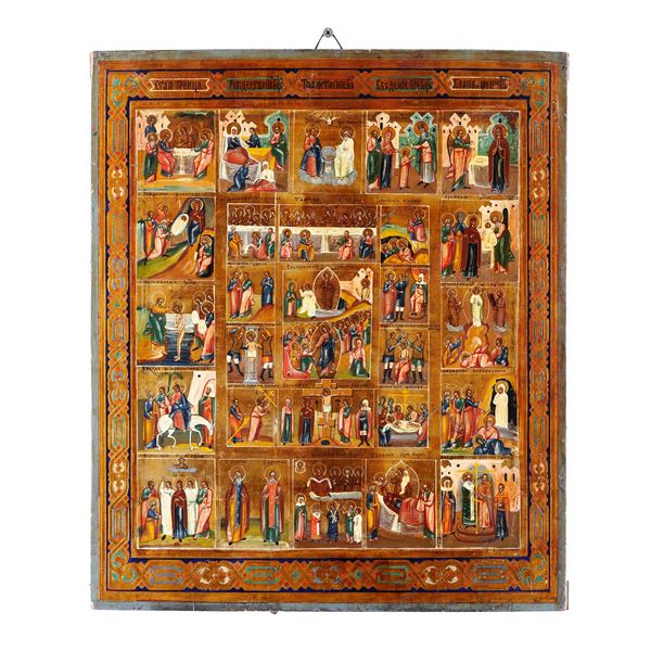 Icona tempera su tavola raffigurante la Passione e Resurrezione con le 16 feste. Russia XIX secolo