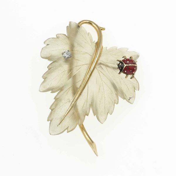 Rock crystal, enamel, diamond and low karat gold brooch. Signed Tiffany