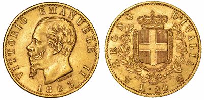 Regno D'italia. Vittorio Emanuele II di Savoia, 1861-1878. 20 Lire 1863. Torino.